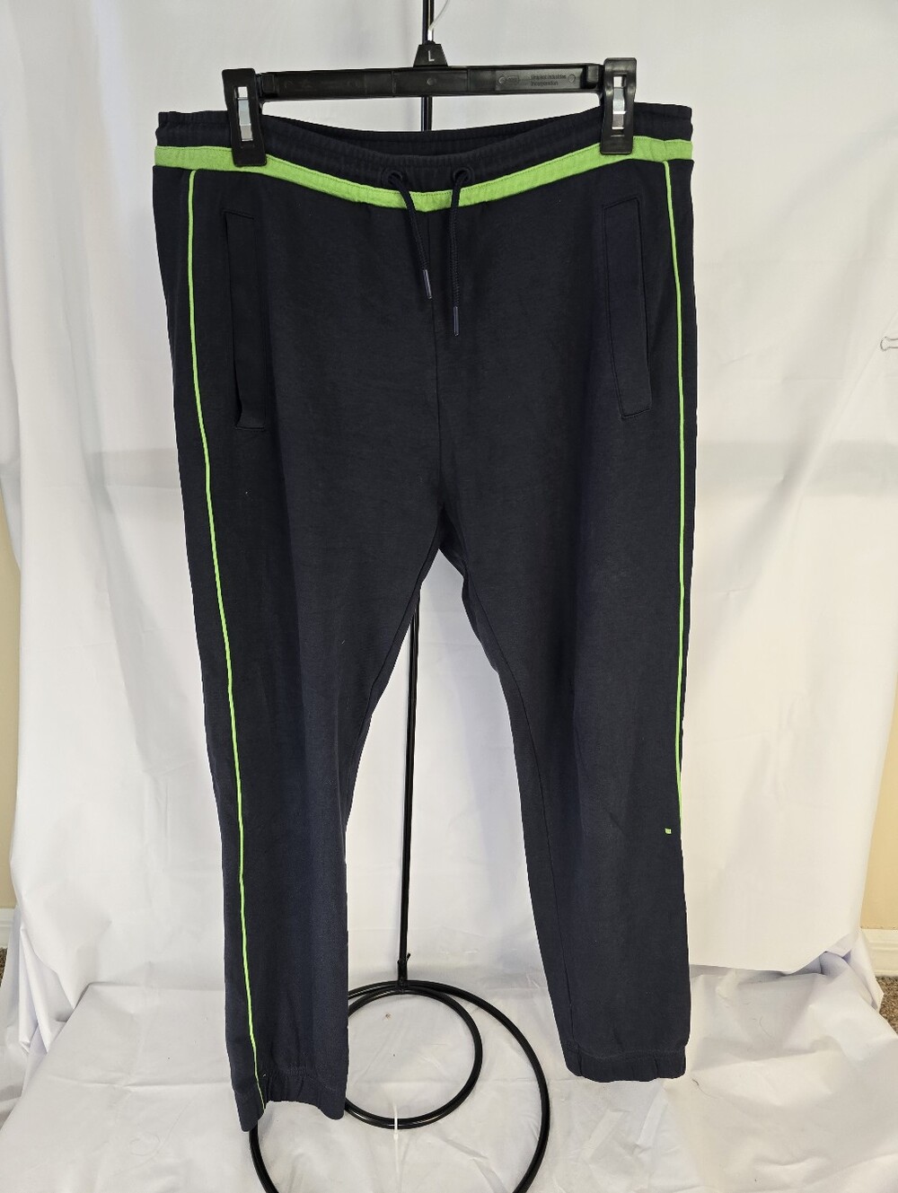 BOSS Hugo Boss Men's Black Track Pants with Lime Green Piping - Size Medium